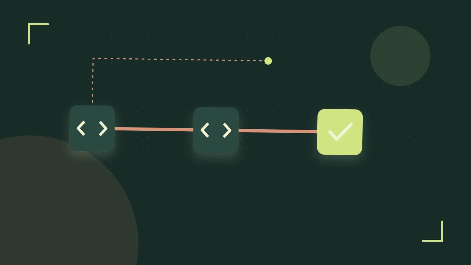 Editorial illustration of a branching build pipeline, staged transformations and a completed check