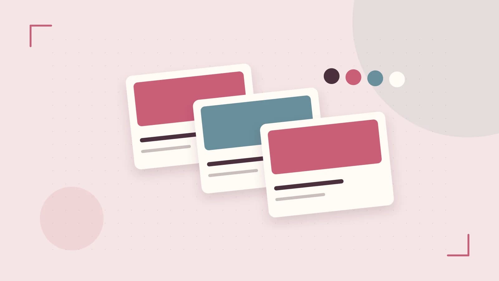Editorial illustration of responsive browser layouts, overlapping design components and a color system