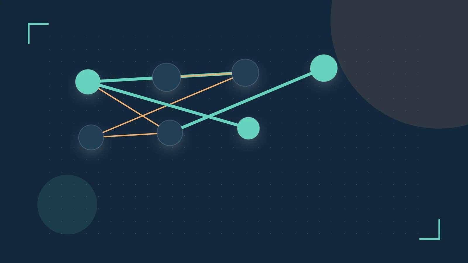 Editorial illustration of an algorithmic node graph with branching paths and a highlighted result