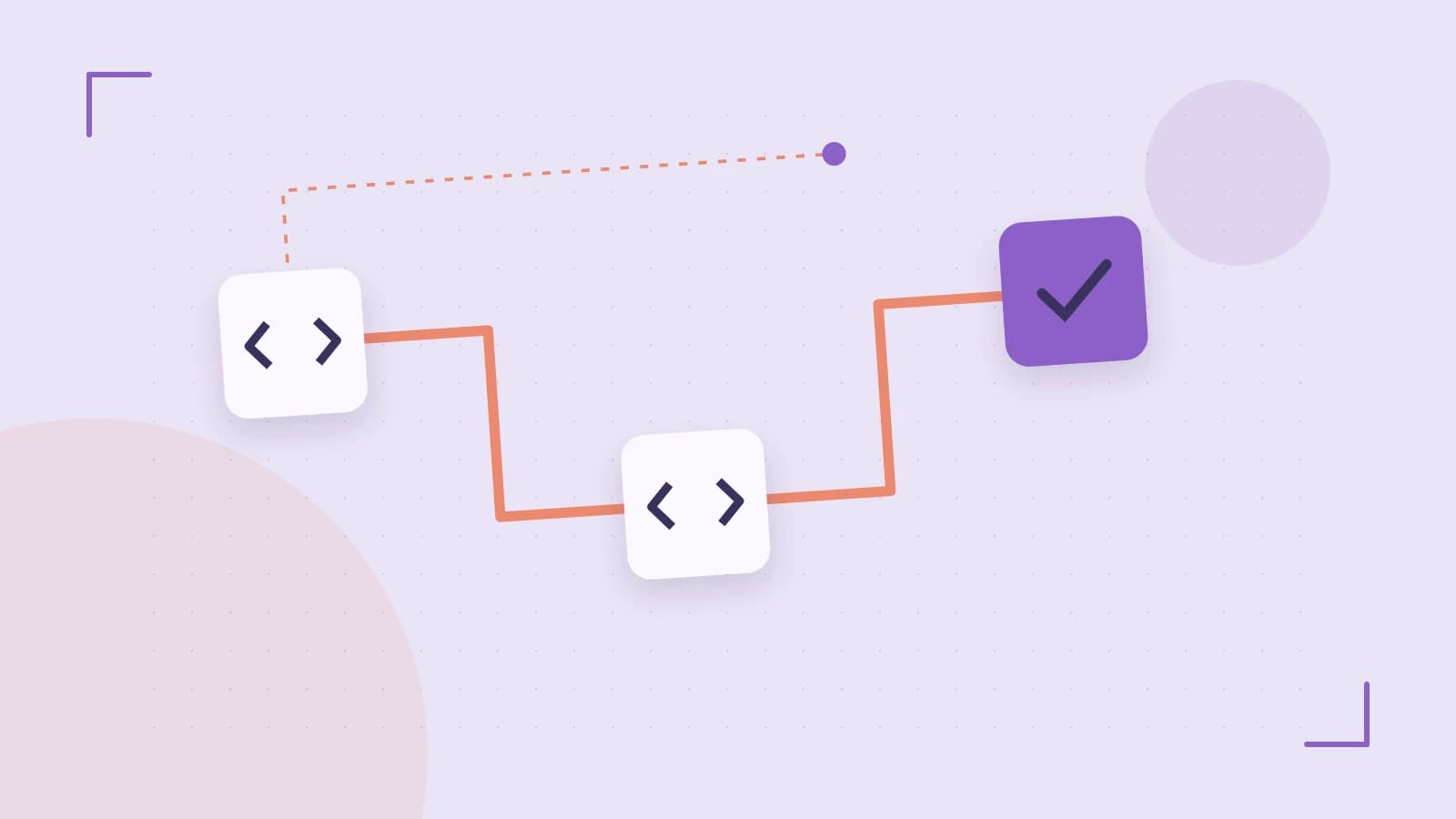 Editorial illustration of a branching build pipeline, staged transformations and a completed check