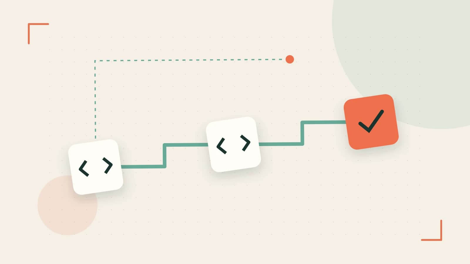 Editorial illustration of a branching build pipeline, staged transformations and a completed check