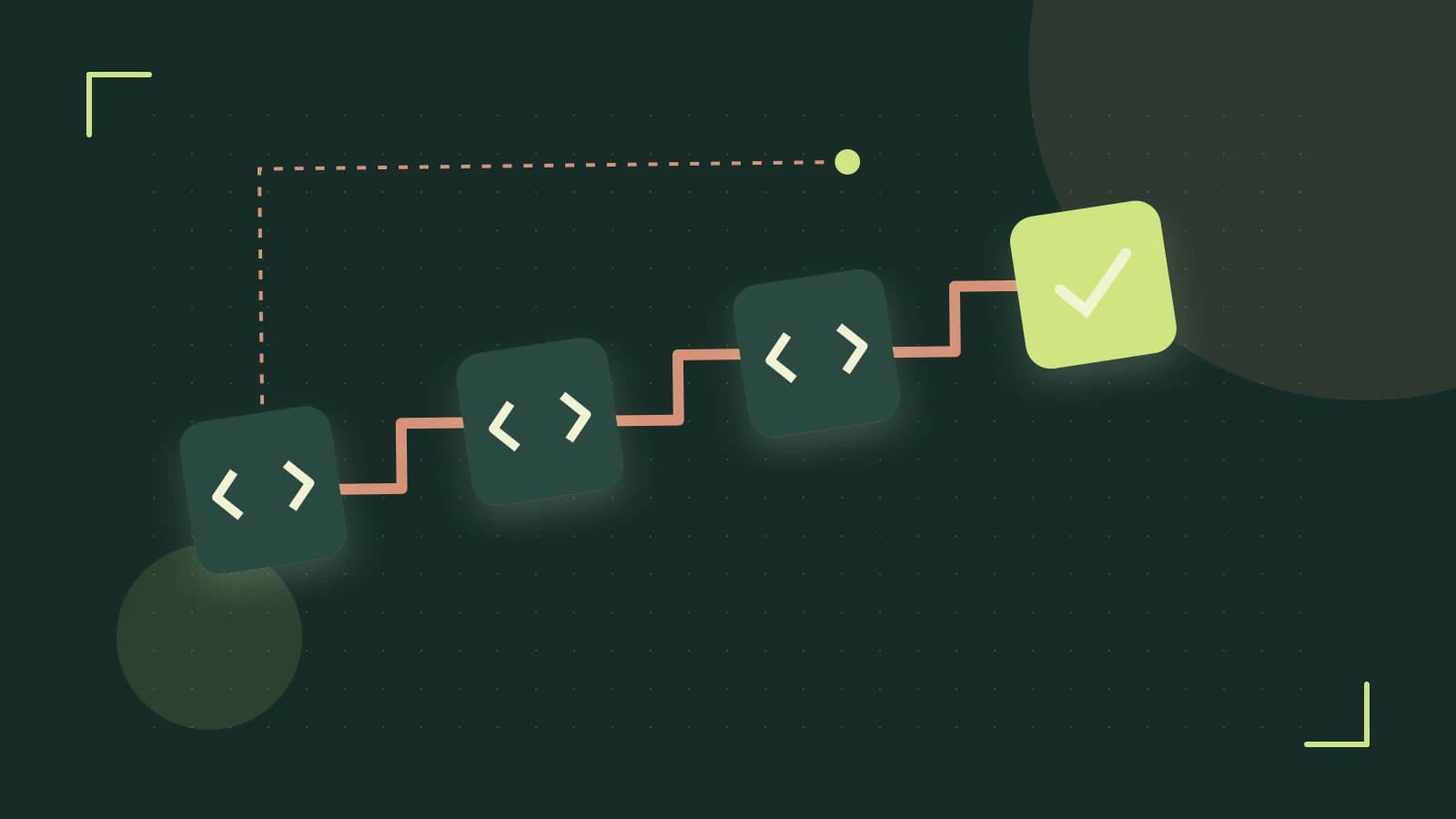 Editorial illustration of a branching build pipeline, staged transformations and a completed check