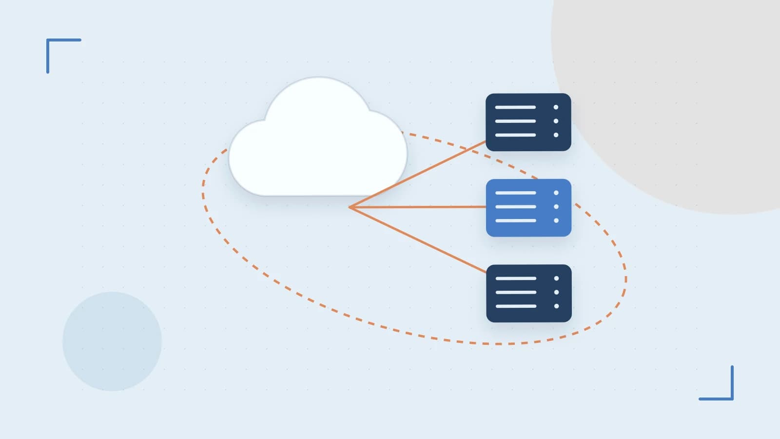 Editorial illustration of cloud infrastructure, connected server racks and an orbital service map