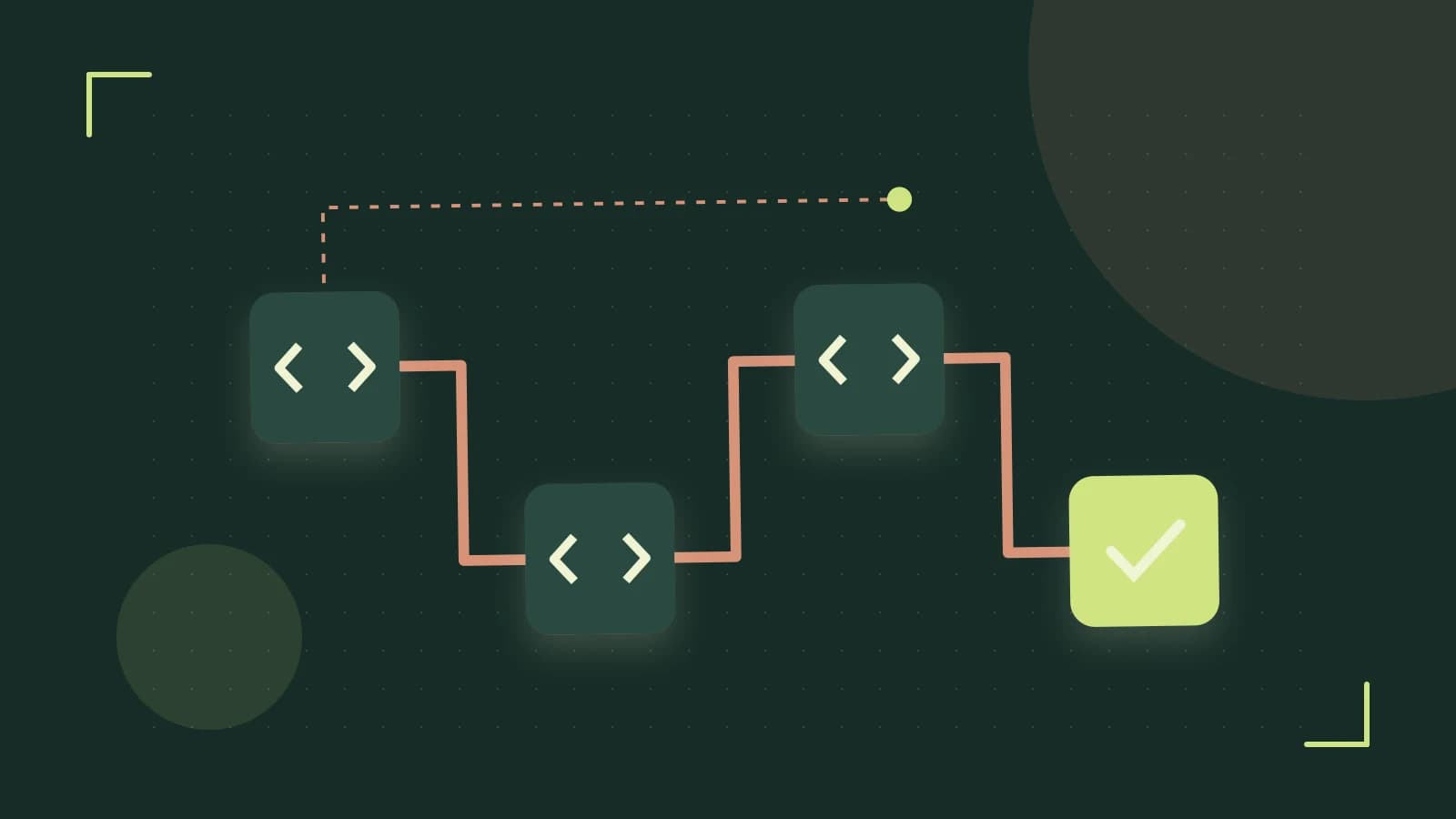 Editorial illustration of a branching build pipeline, staged transformations and a completed check