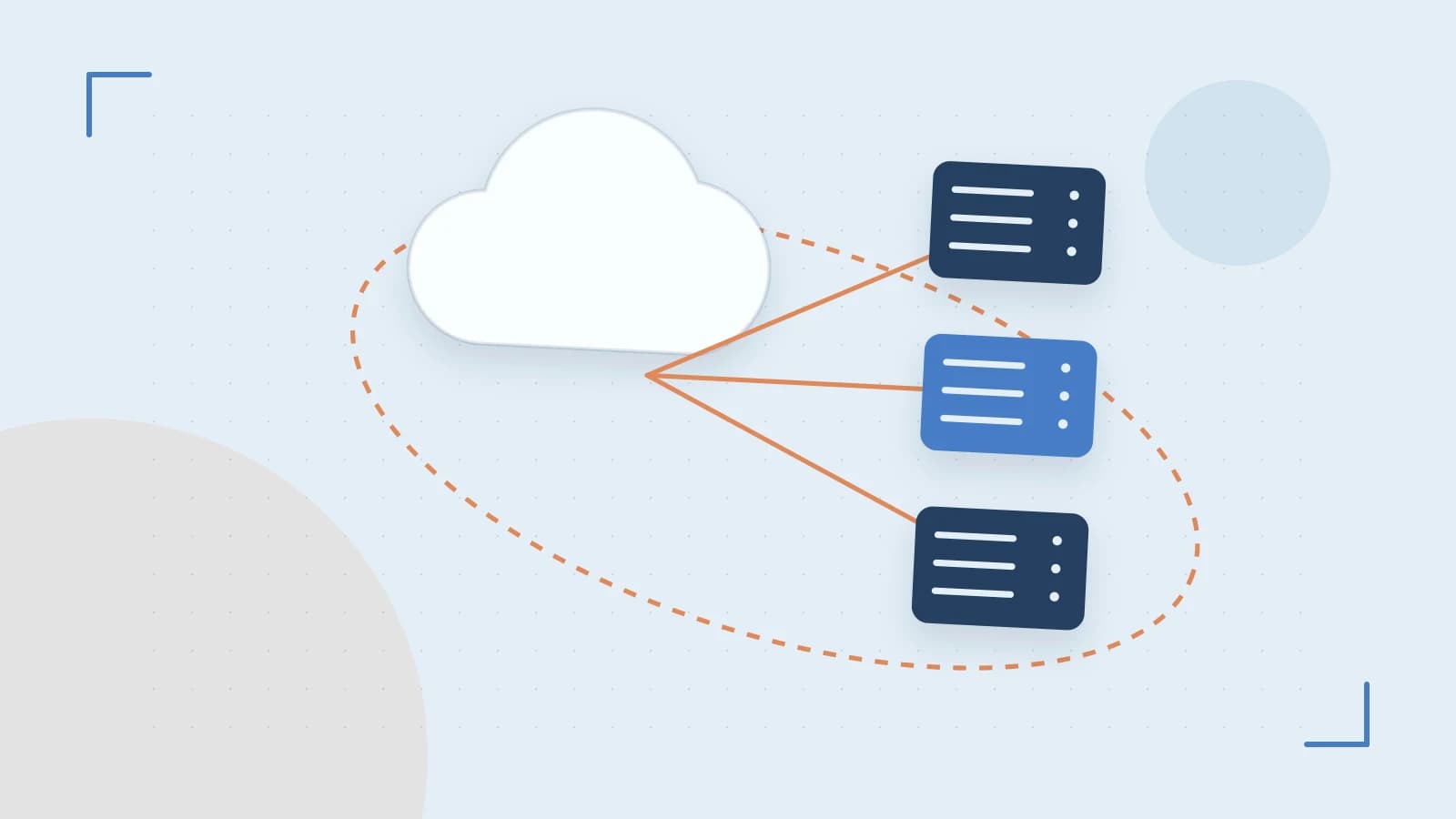 Editorial illustration of cloud infrastructure, connected server racks and an orbital service map