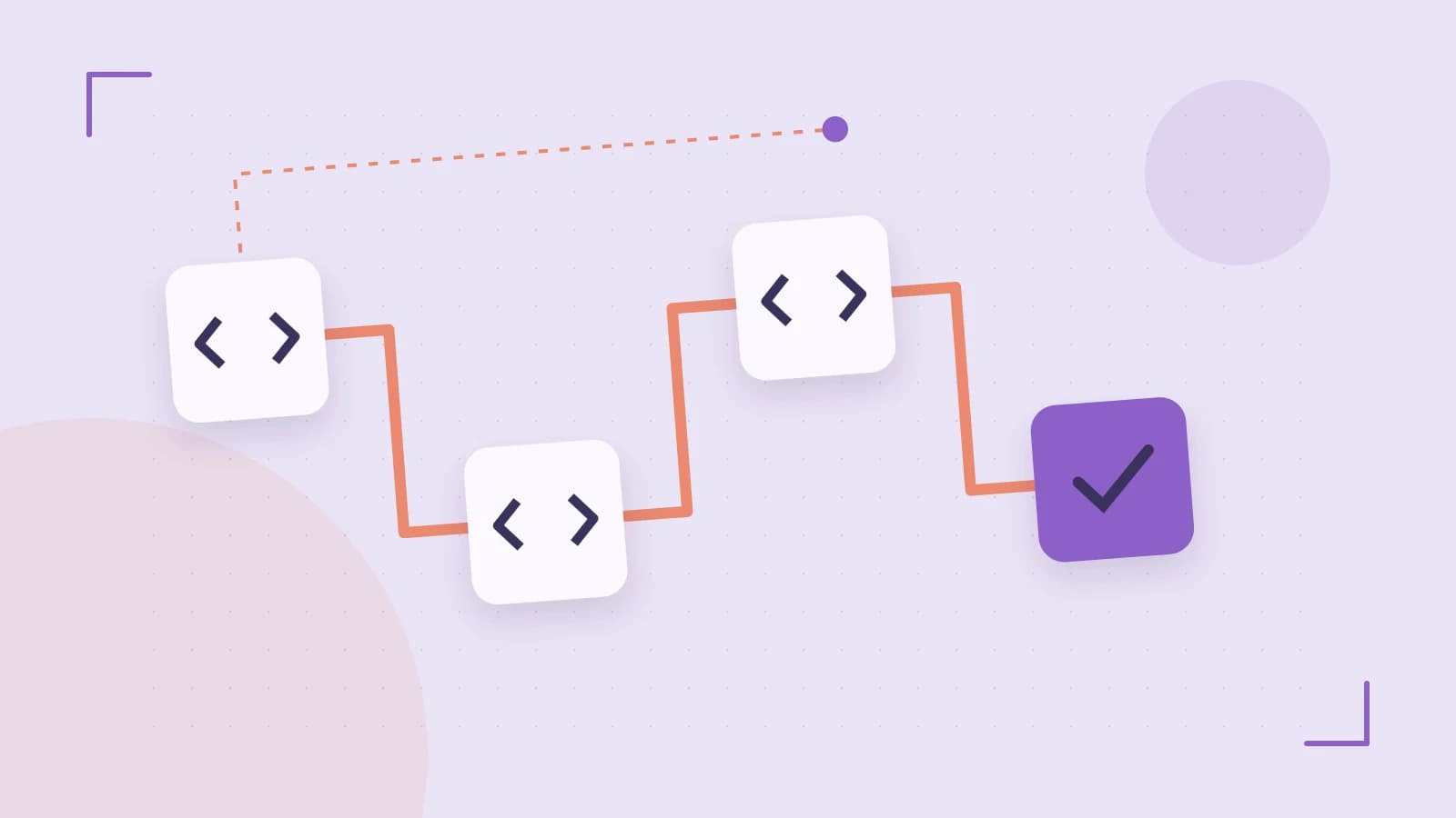 Editorial illustration of a branching build pipeline, staged transformations and a completed check