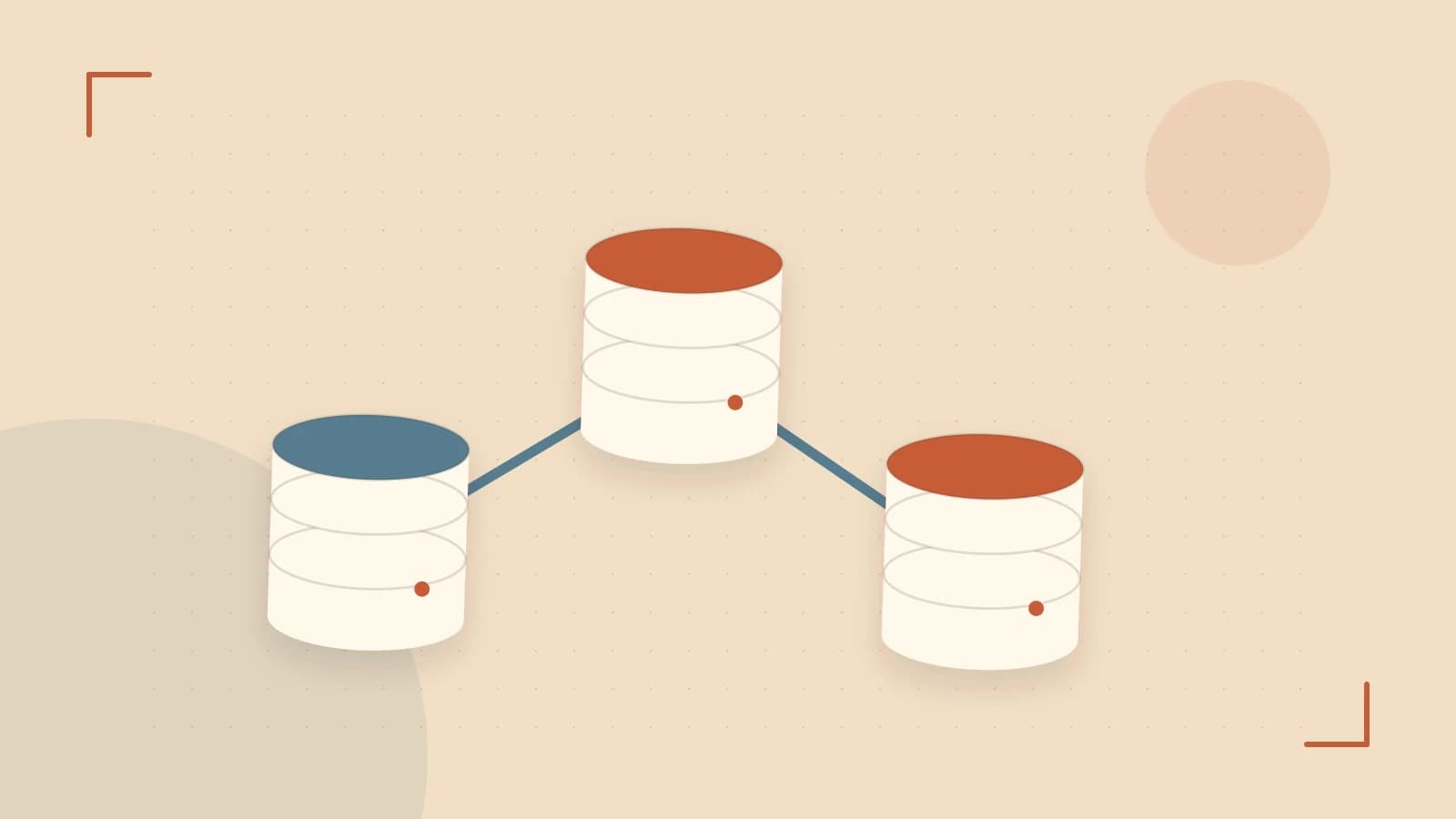 Editorial illustration of structured records, database cylinders and relationships between tables