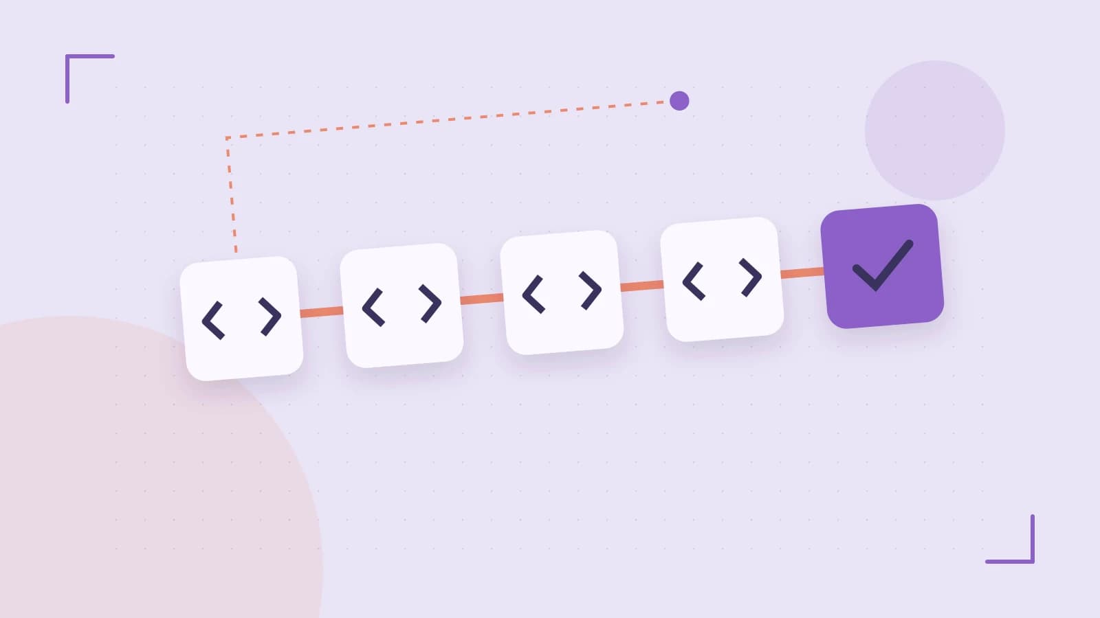 Editorial illustration of a branching build pipeline, staged transformations and a completed check