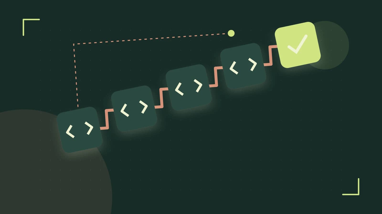 Editorial illustration of a branching build pipeline, staged transformations and a completed check