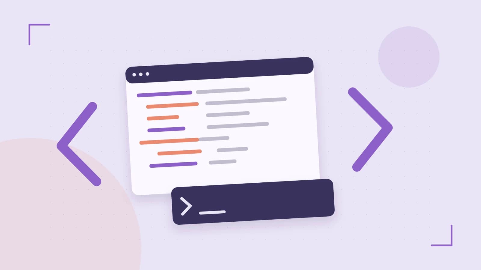 Editorial illustration of an abstract code editor, syntax blocks and oversized programming brackets