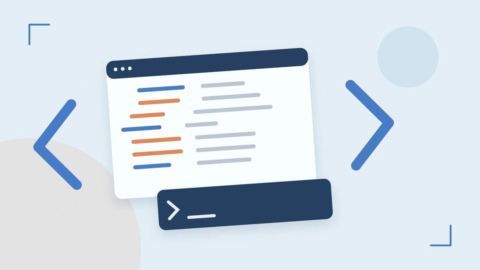 Editorial illustration of an abstract code editor, syntax blocks and oversized programming brackets