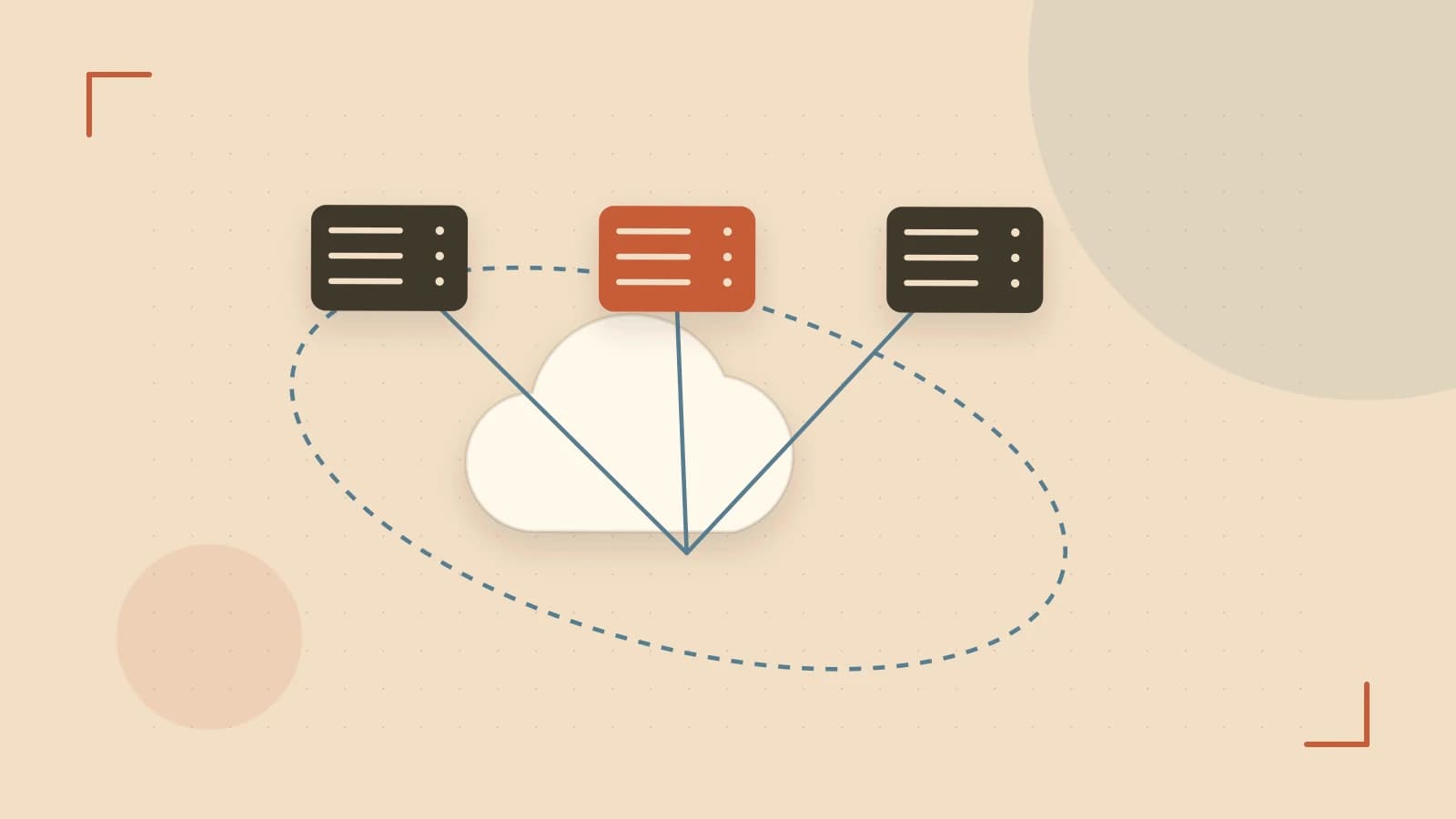 Editorial illustration of cloud infrastructure, connected server racks and an orbital service map