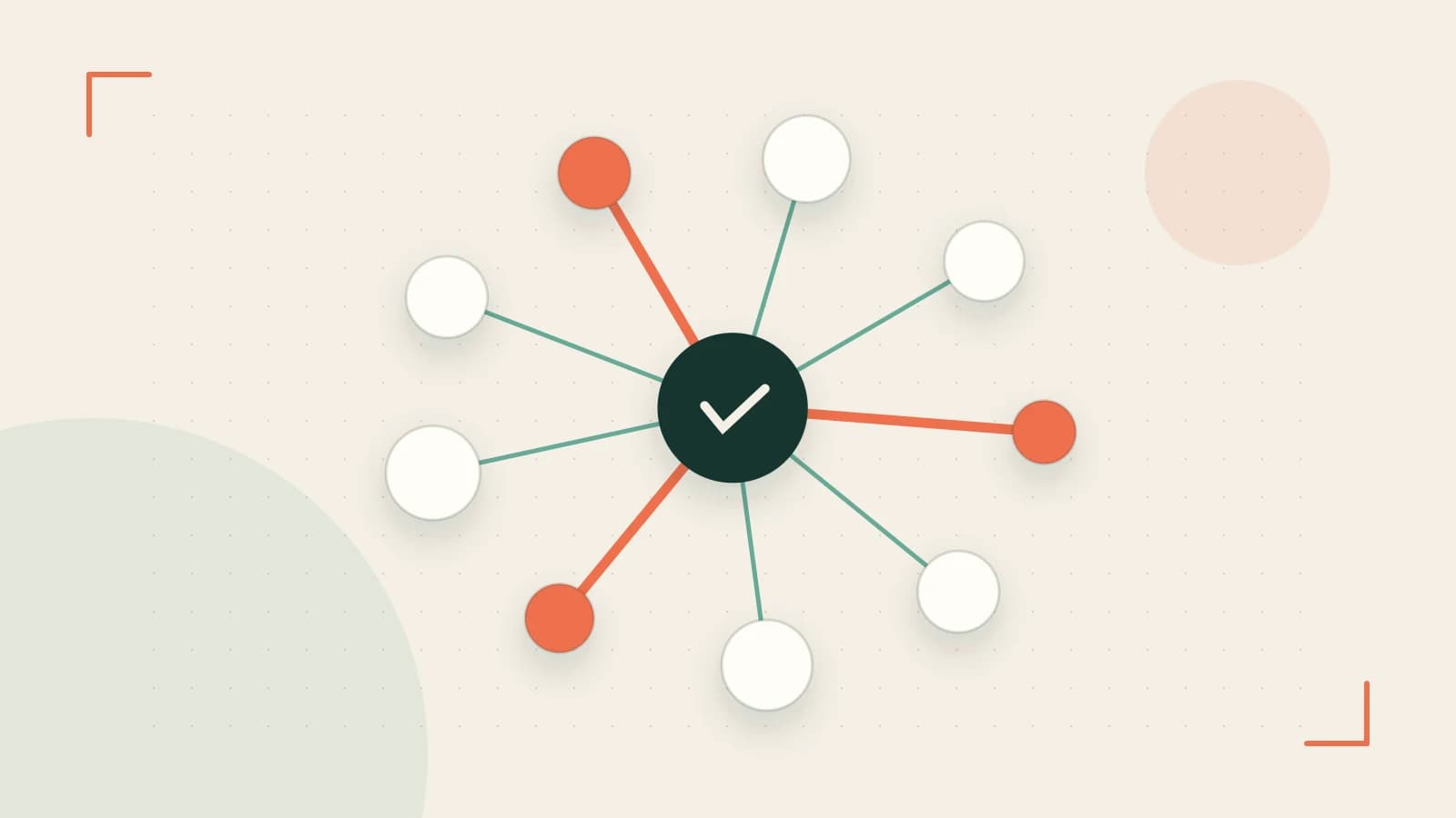 Editorial illustration of an algorithmic node graph with branching paths and a highlighted result