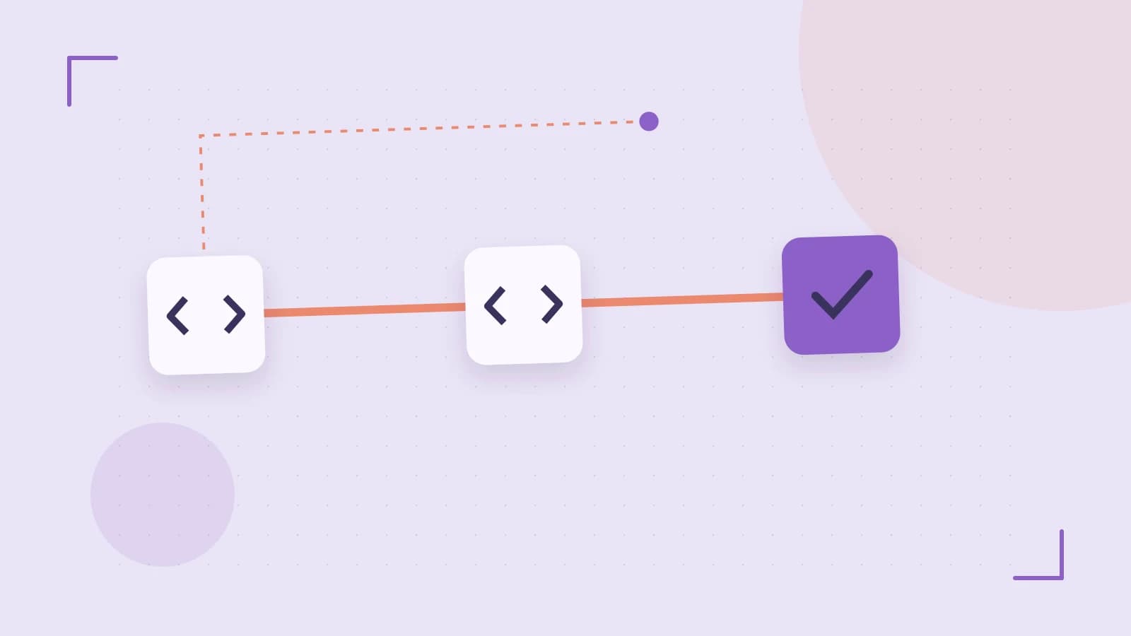 Editorial illustration of a branching build pipeline, staged transformations and a completed check