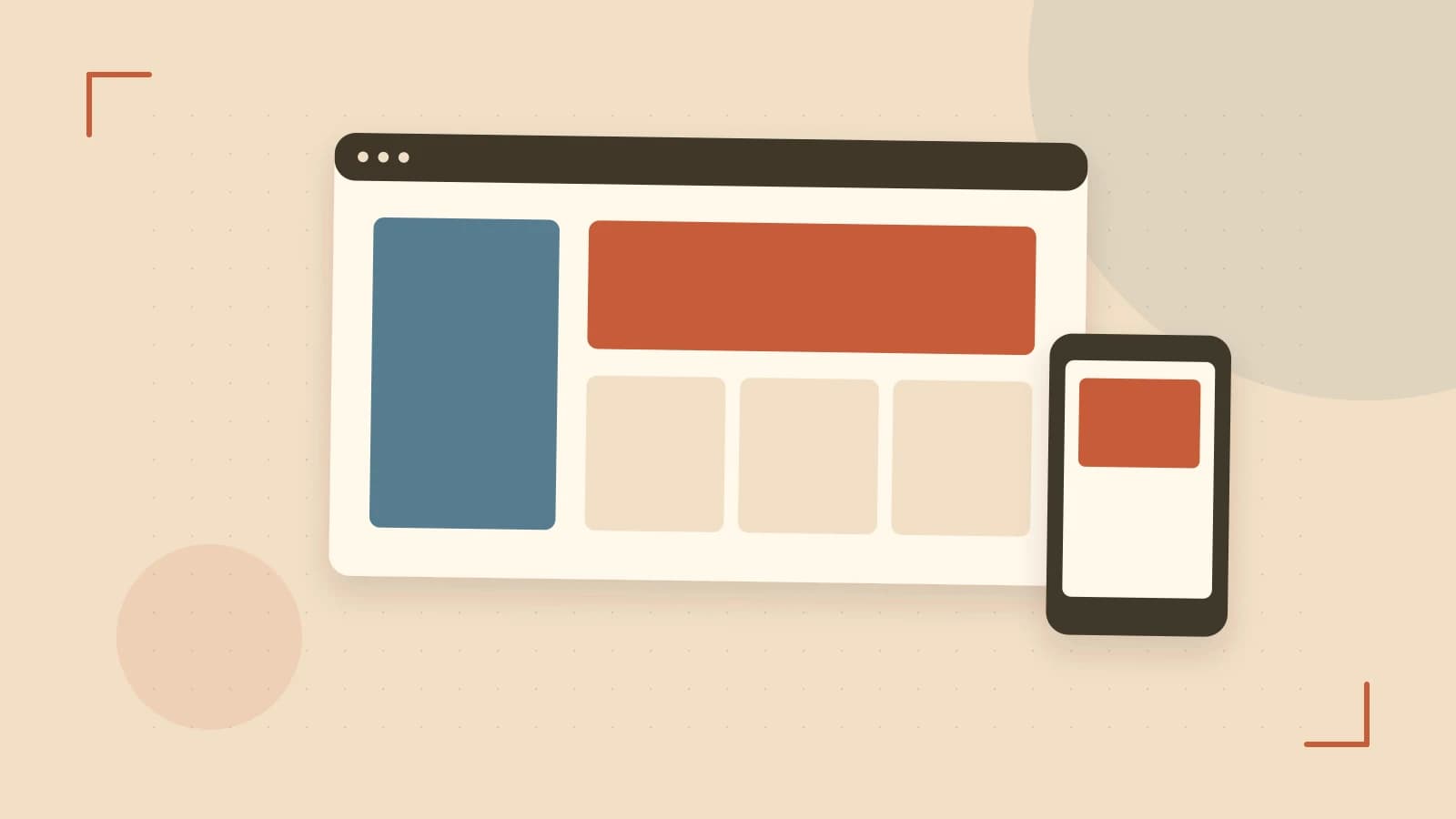 Editorial illustration of responsive browser layouts, overlapping design components and a color system