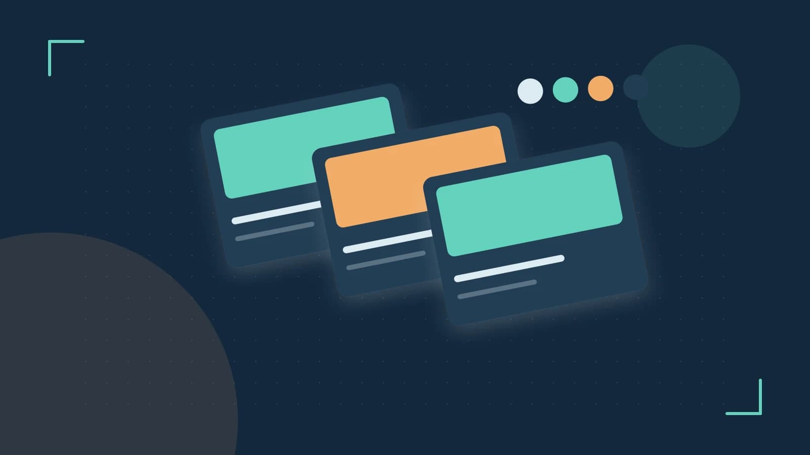 Editorial illustration of responsive browser layouts, overlapping design components and a color system