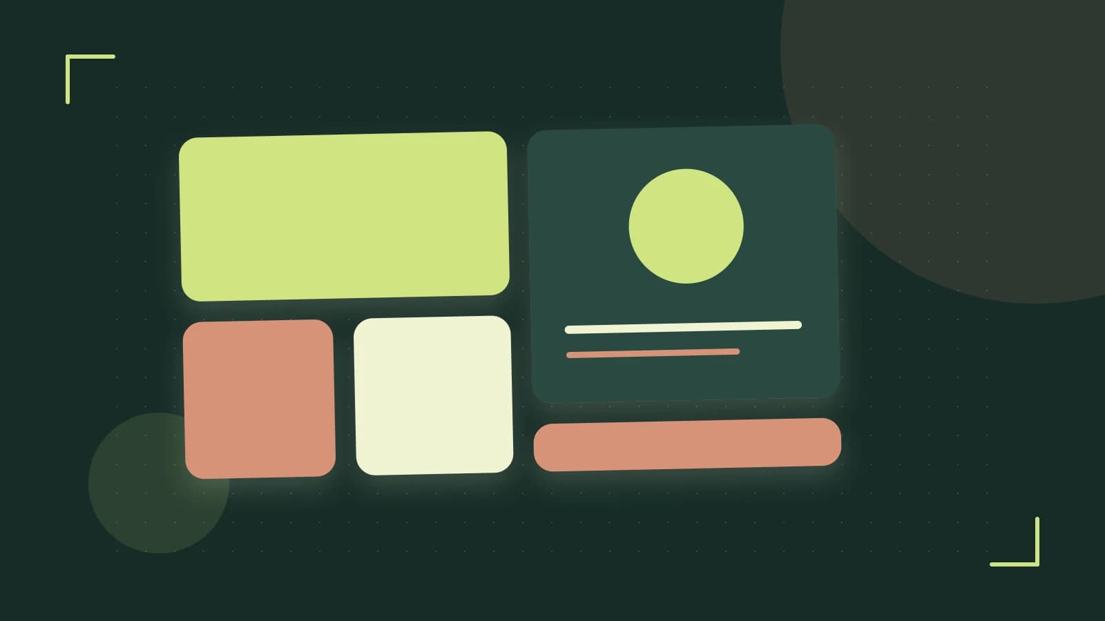 Editorial illustration of responsive browser layouts, overlapping design components and a color system
