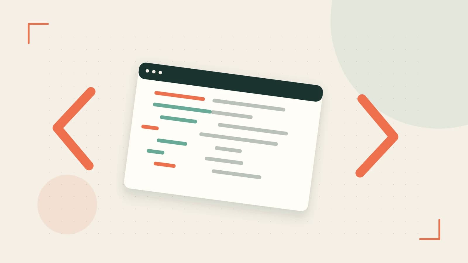 Editorial illustration of an abstract code editor, syntax blocks and oversized programming brackets