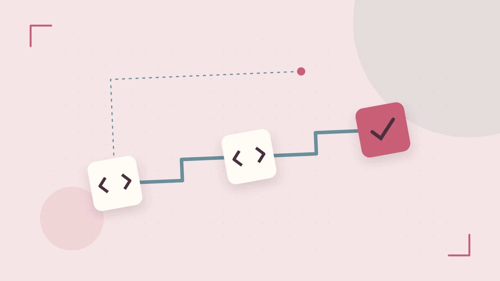 Editorial illustration of a branching build pipeline, staged transformations and a completed check