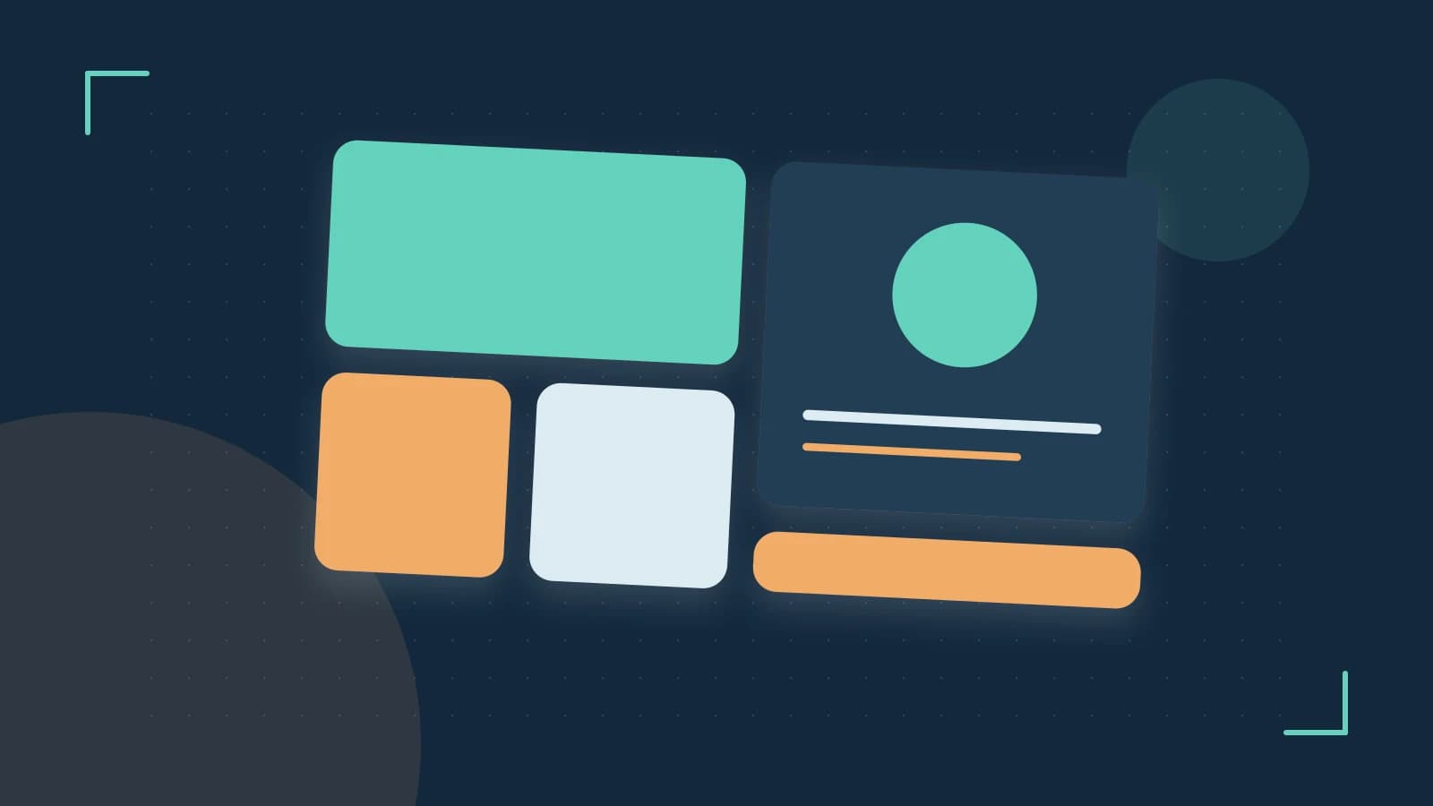 Editorial illustration of responsive browser layouts, overlapping design components and a color system