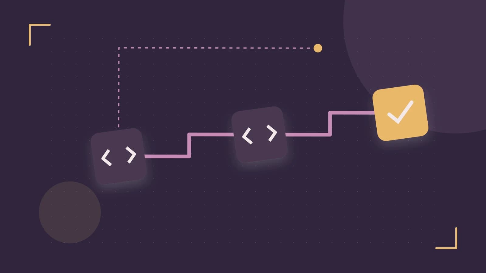 Editorial illustration of a branching build pipeline, staged transformations and a completed check