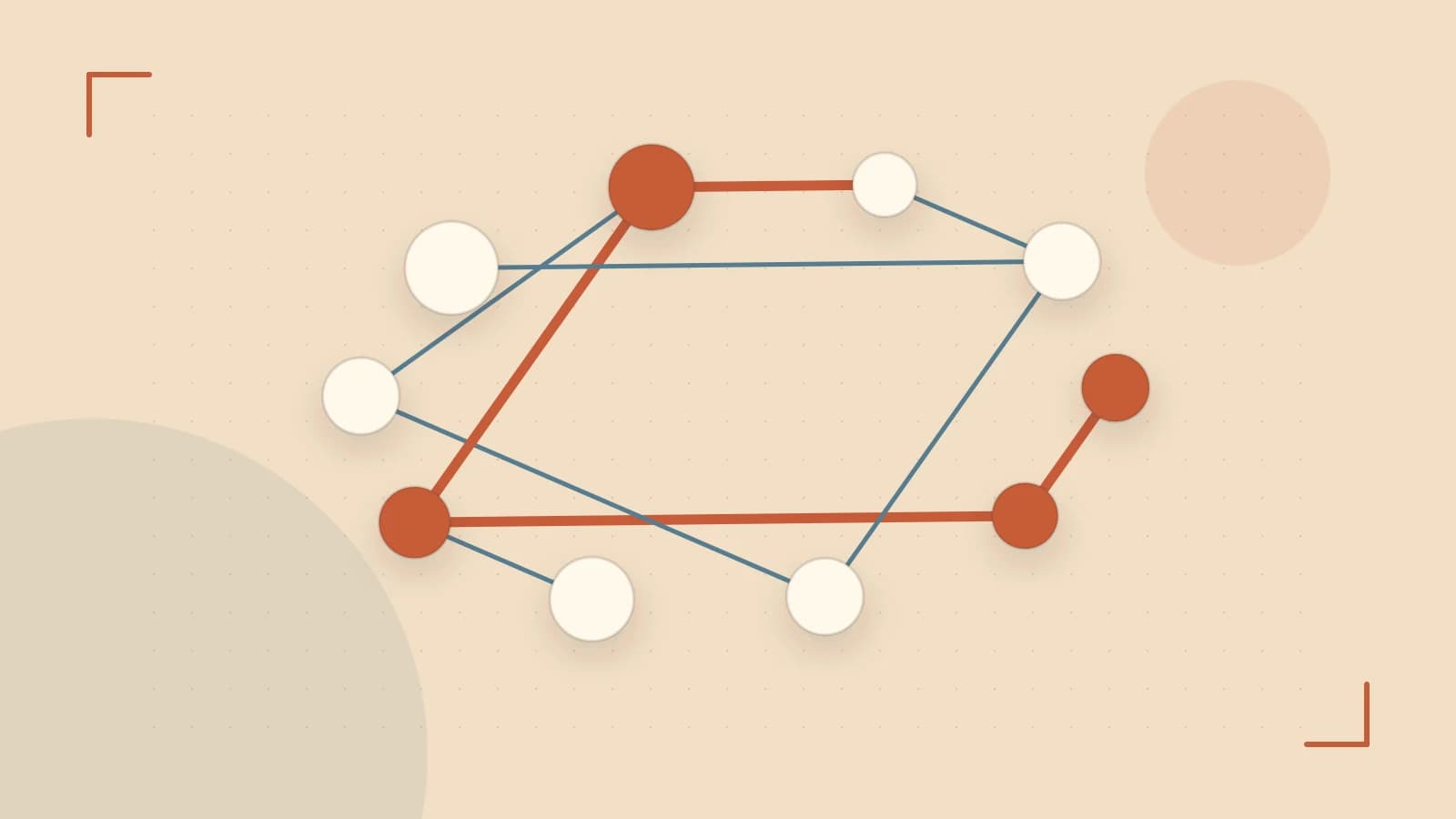 Editorial illustration of an algorithmic node graph with branching paths and a highlighted result