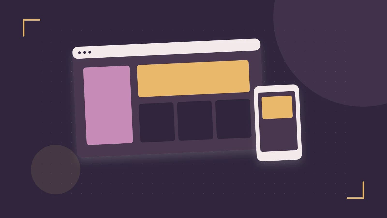 Editorial illustration of responsive browser layouts, overlapping design components and a color system
