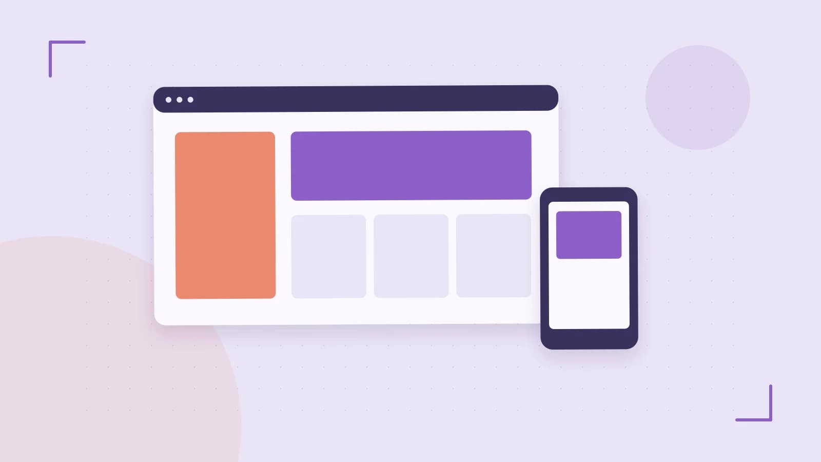 Editorial illustration of responsive browser layouts, overlapping design components and a color system
