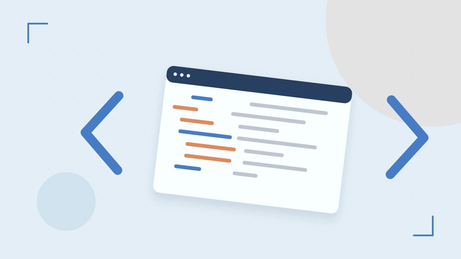 Editorial illustration of an abstract code editor, syntax blocks and oversized programming brackets