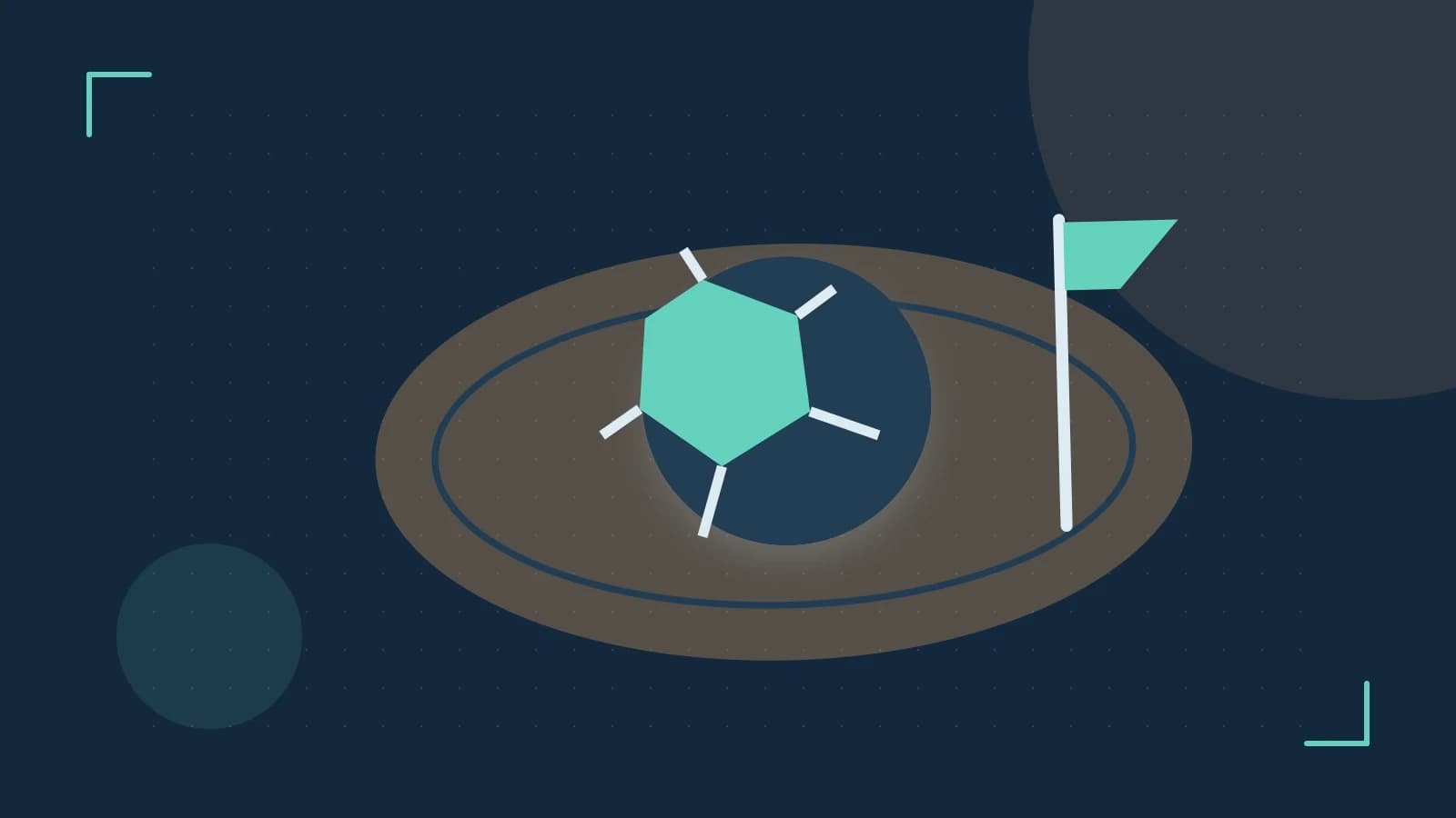 Editorial illustration of a stylized sports ball, stadium geometry and dynamic arcs