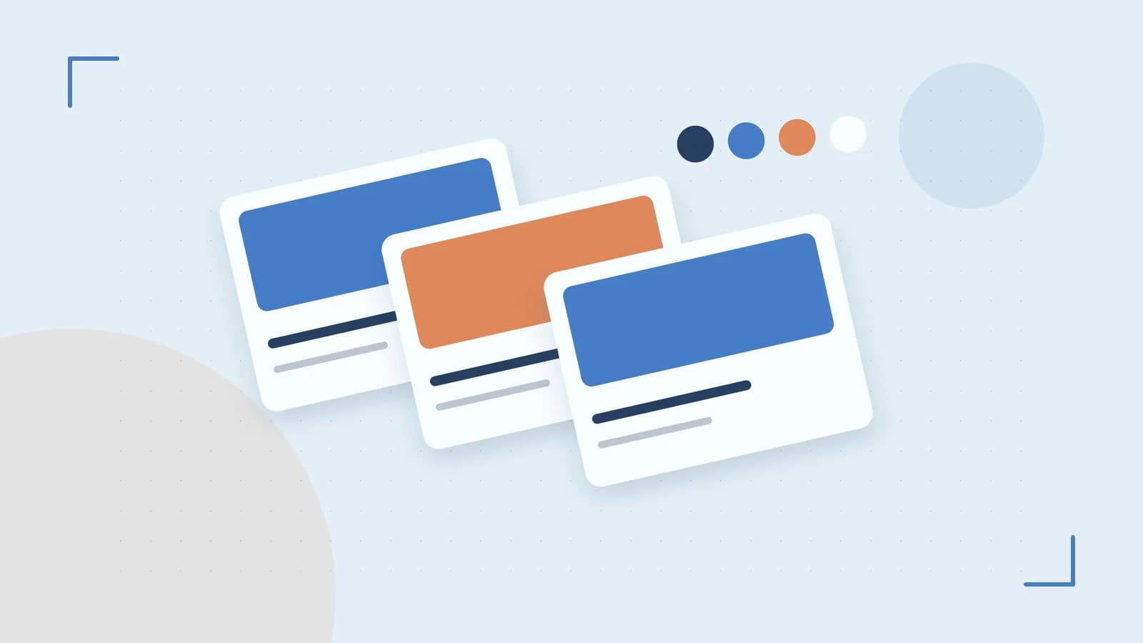 Editorial illustration of responsive browser layouts, overlapping design components and a color system