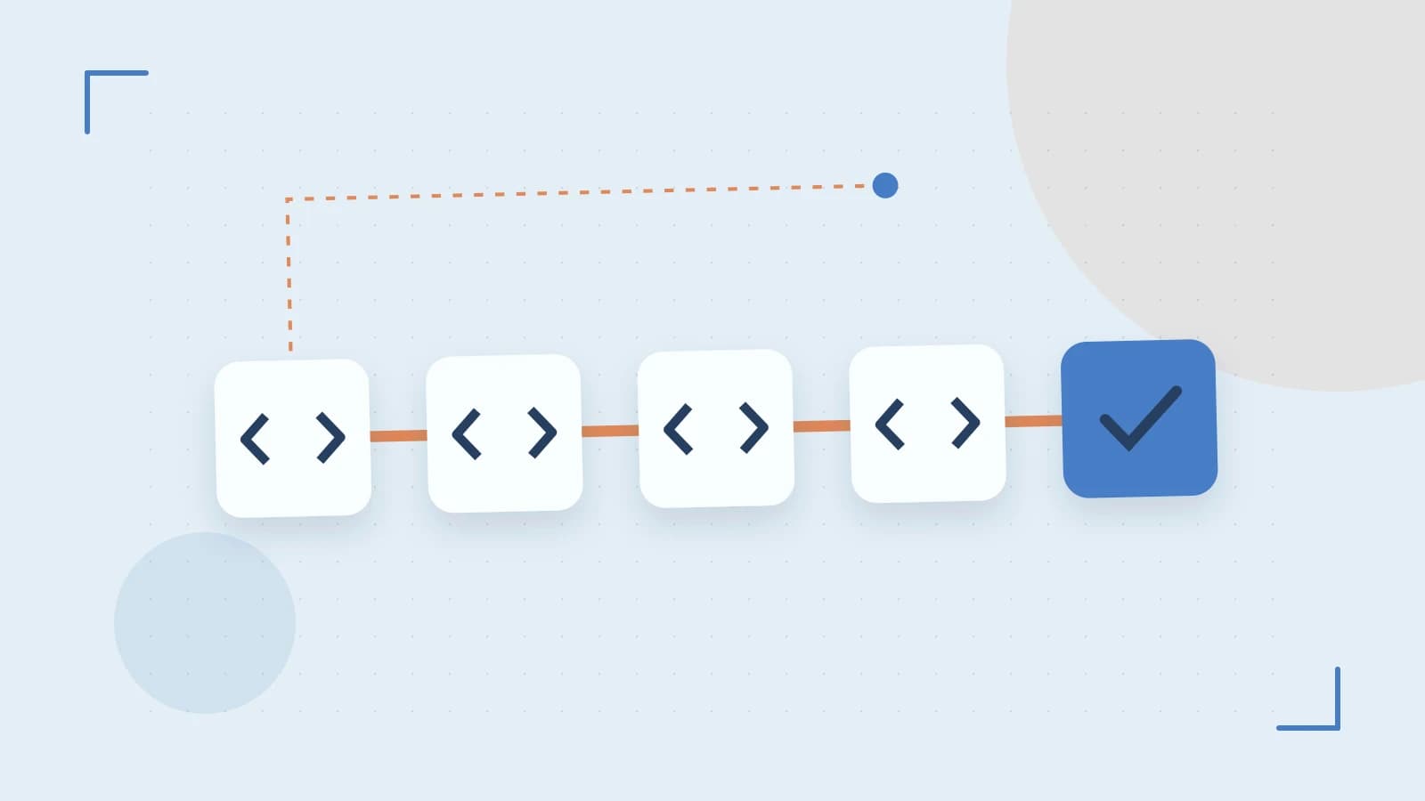 Editorial illustration of a branching build pipeline, staged transformations and a completed check
