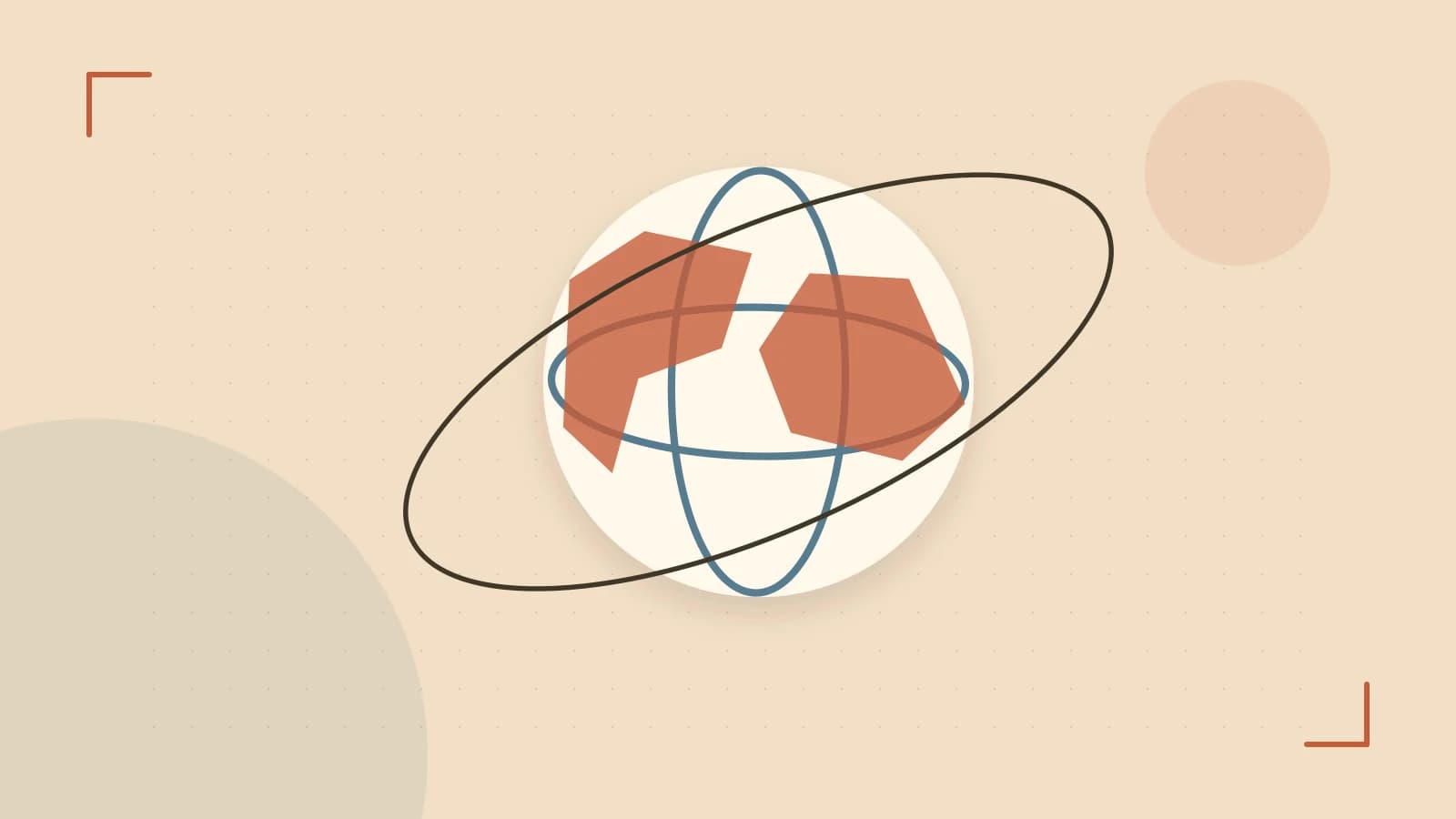 Editorial illustration of an editorial globe with meridians and layered geographic shapes