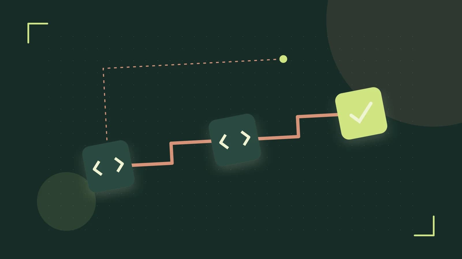 Editorial illustration of a branching build pipeline, staged transformations and a completed check