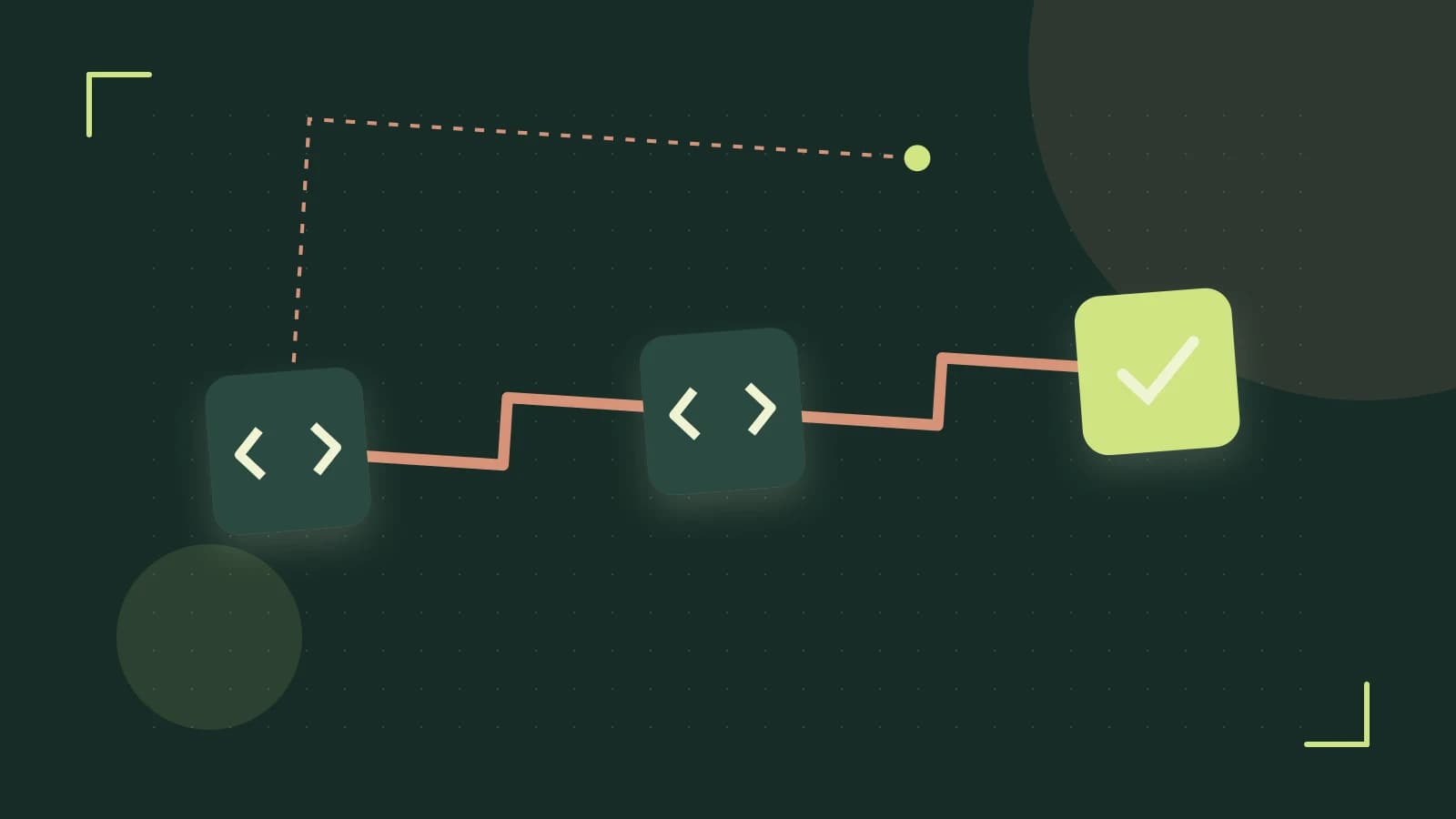 Editorial illustration of a branching build pipeline, staged transformations and a completed check