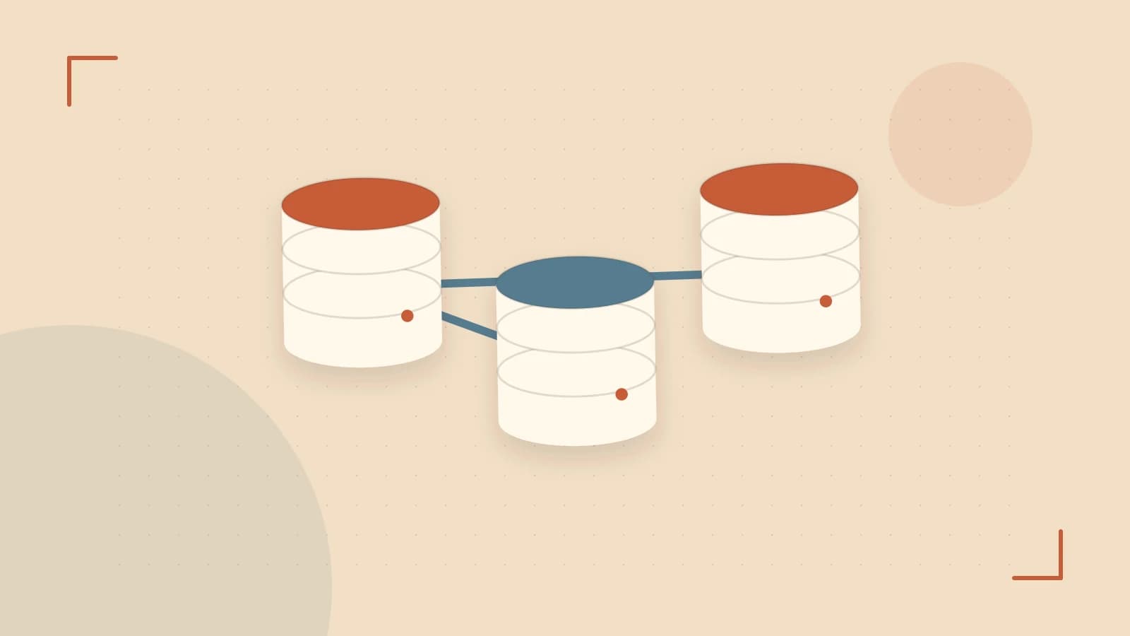 Editorial illustration of structured records, database cylinders and relationships between tables