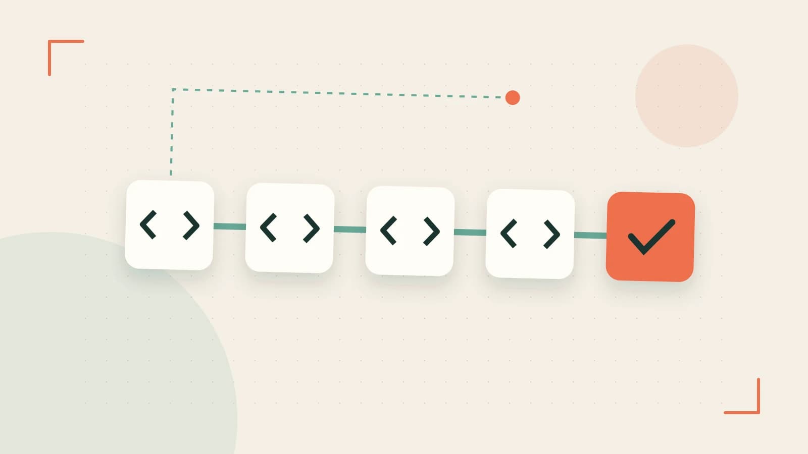 Editorial illustration of a branching build pipeline, staged transformations and a completed check