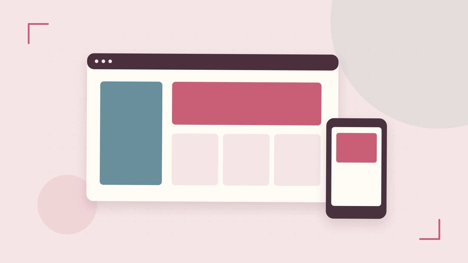 Editorial illustration of responsive browser layouts, overlapping design components and a color system