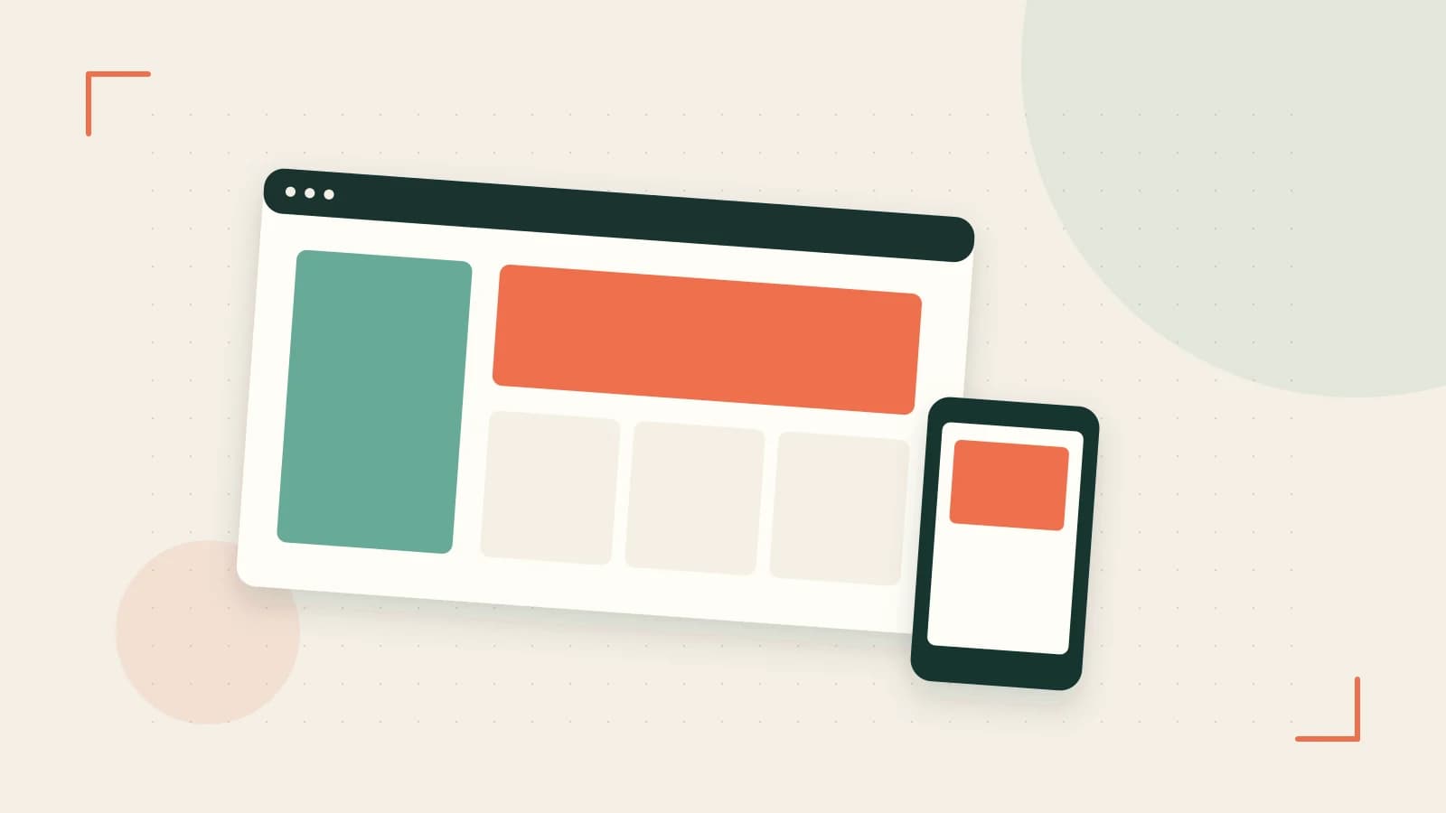 Editorial illustration of responsive browser layouts, overlapping design components and a color system