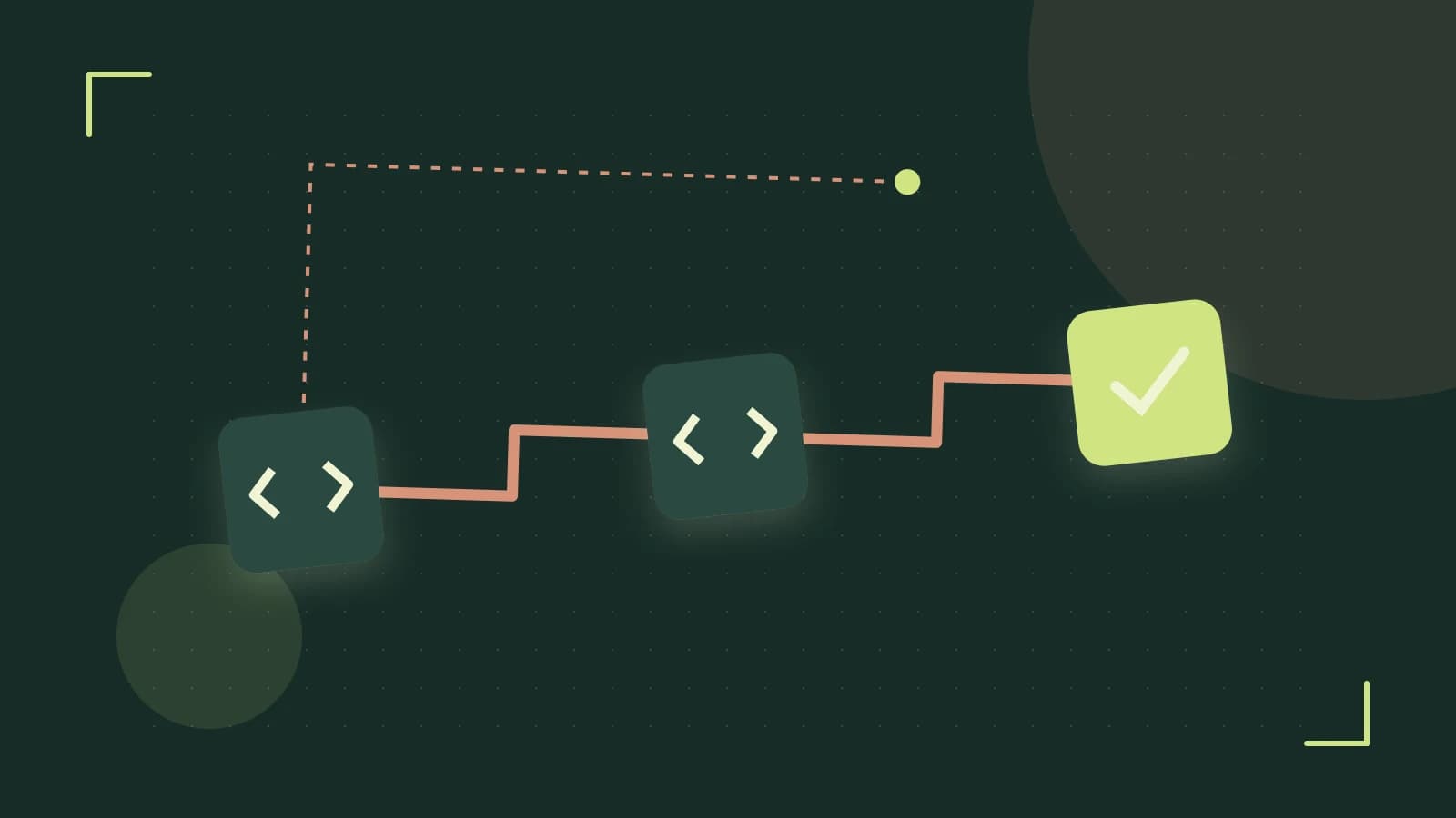 Editorial illustration of a branching build pipeline, staged transformations and a completed check