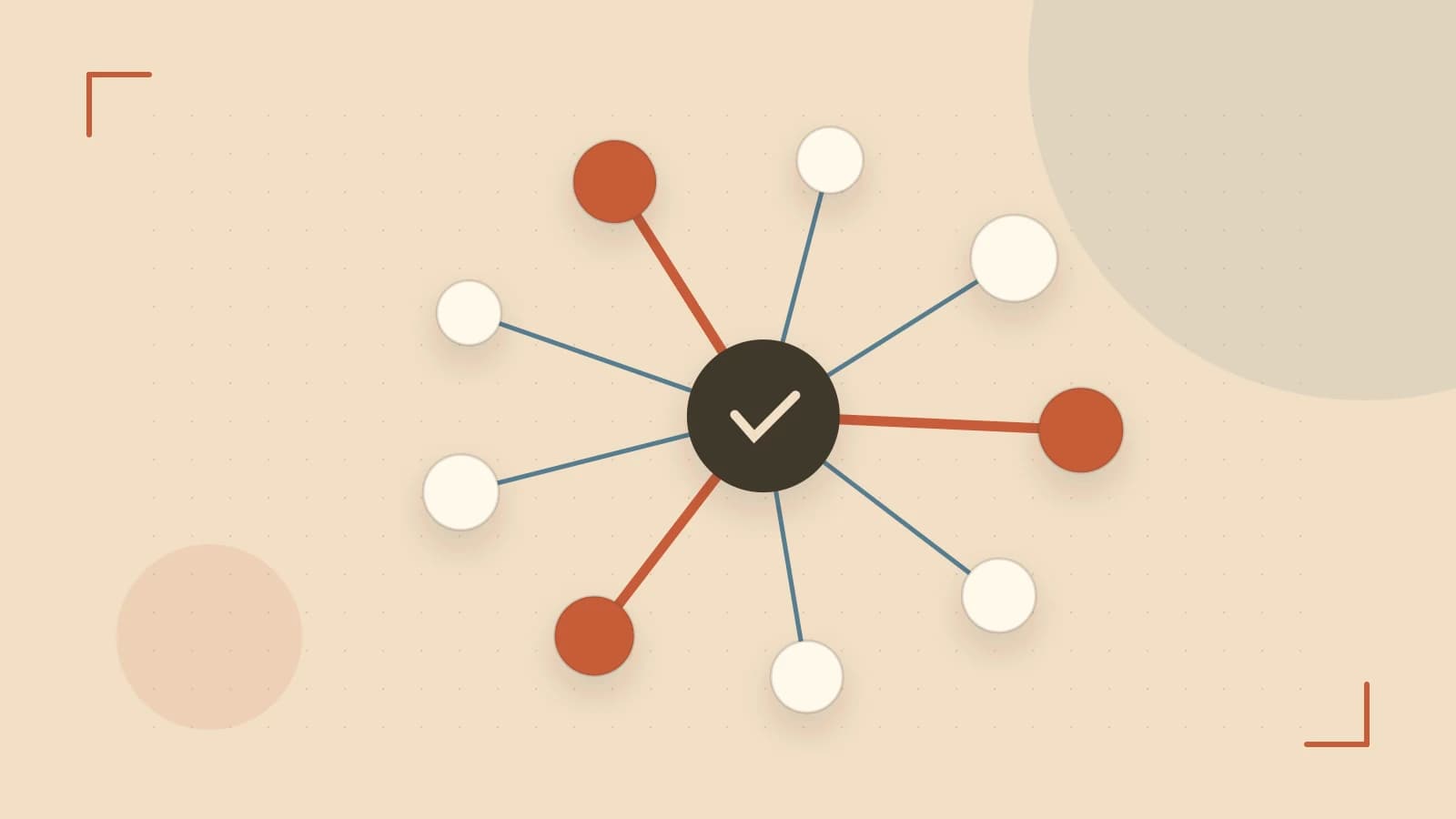 Editorial illustration of an algorithmic node graph with branching paths and a highlighted result