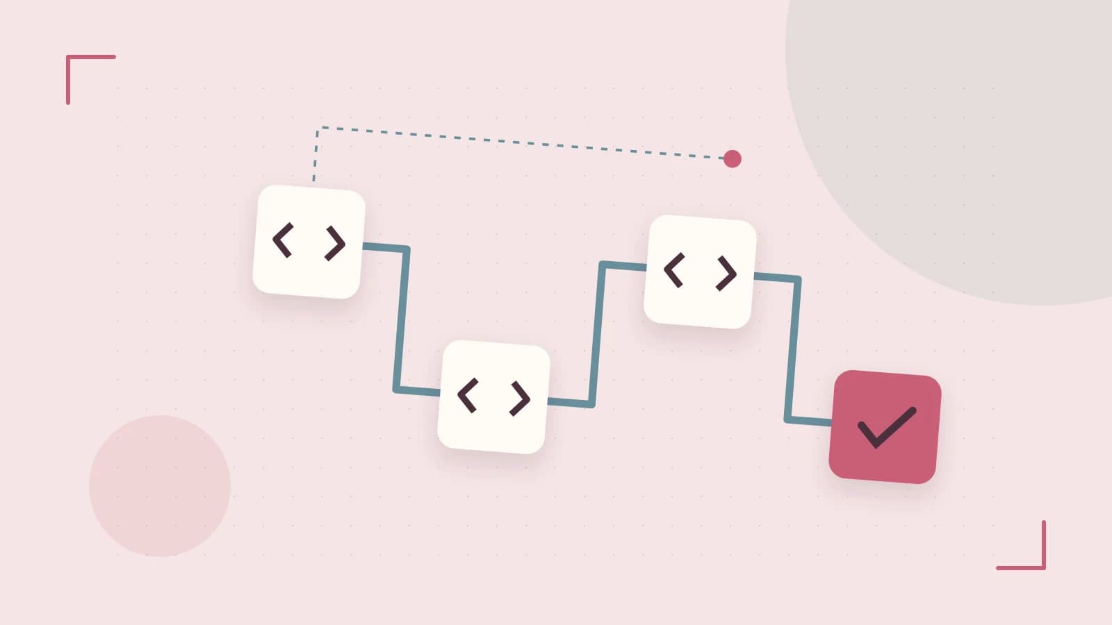 Editorial illustration of a branching build pipeline, staged transformations and a completed check