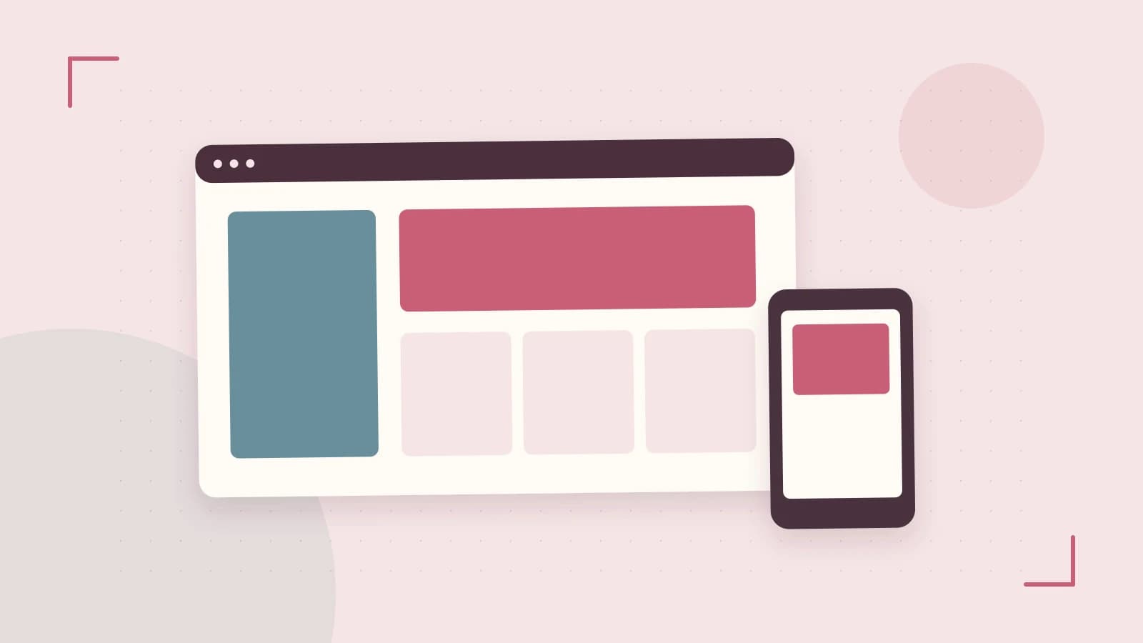 Editorial illustration of responsive browser layouts, overlapping design components and a color system