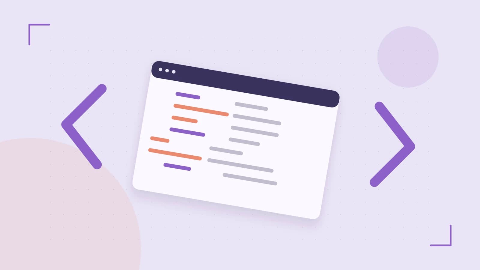 Editorial illustration of an abstract code editor, syntax blocks and oversized programming brackets