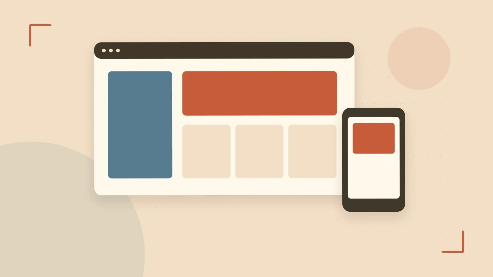 Editorial illustration of responsive browser layouts, overlapping design components and a color system
