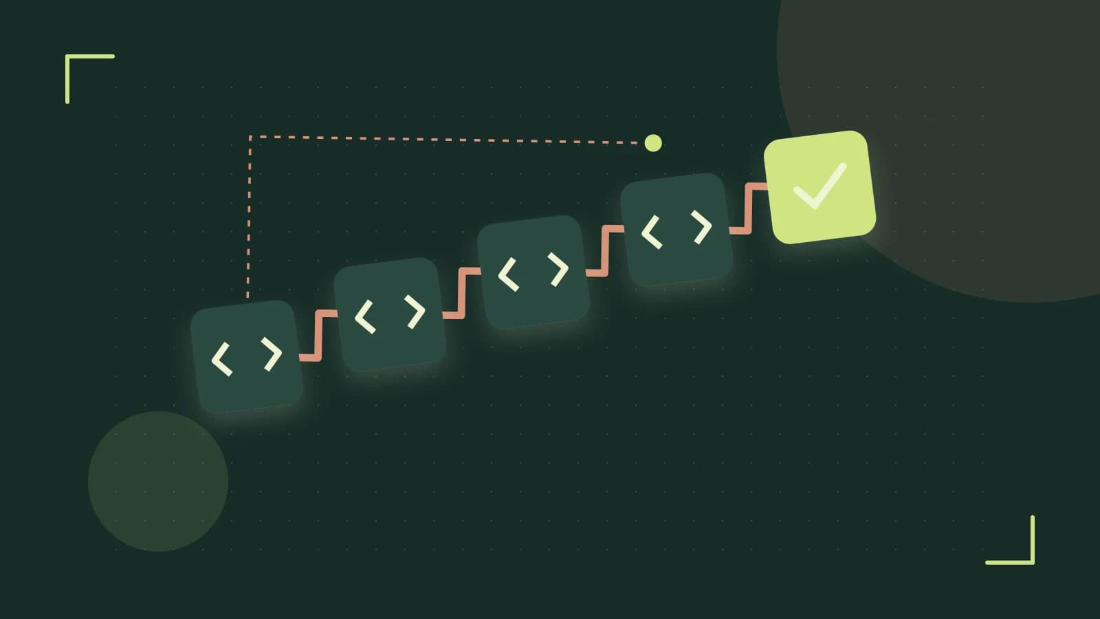 Editorial illustration of a branching build pipeline, staged transformations and a completed check