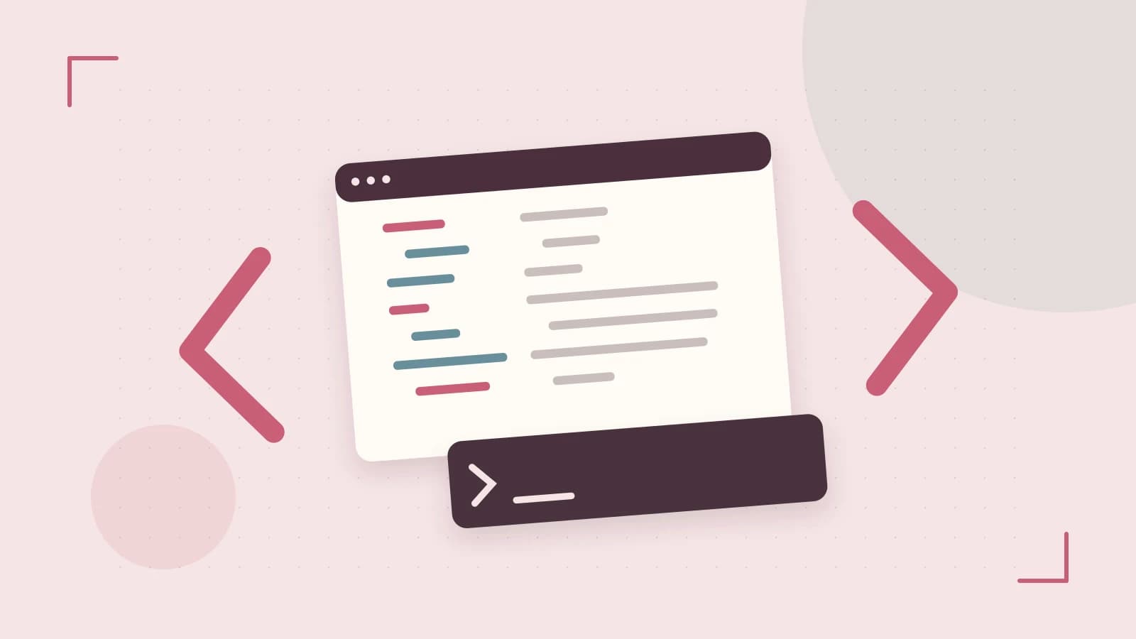 Editorial illustration of an abstract code editor, syntax blocks and oversized programming brackets