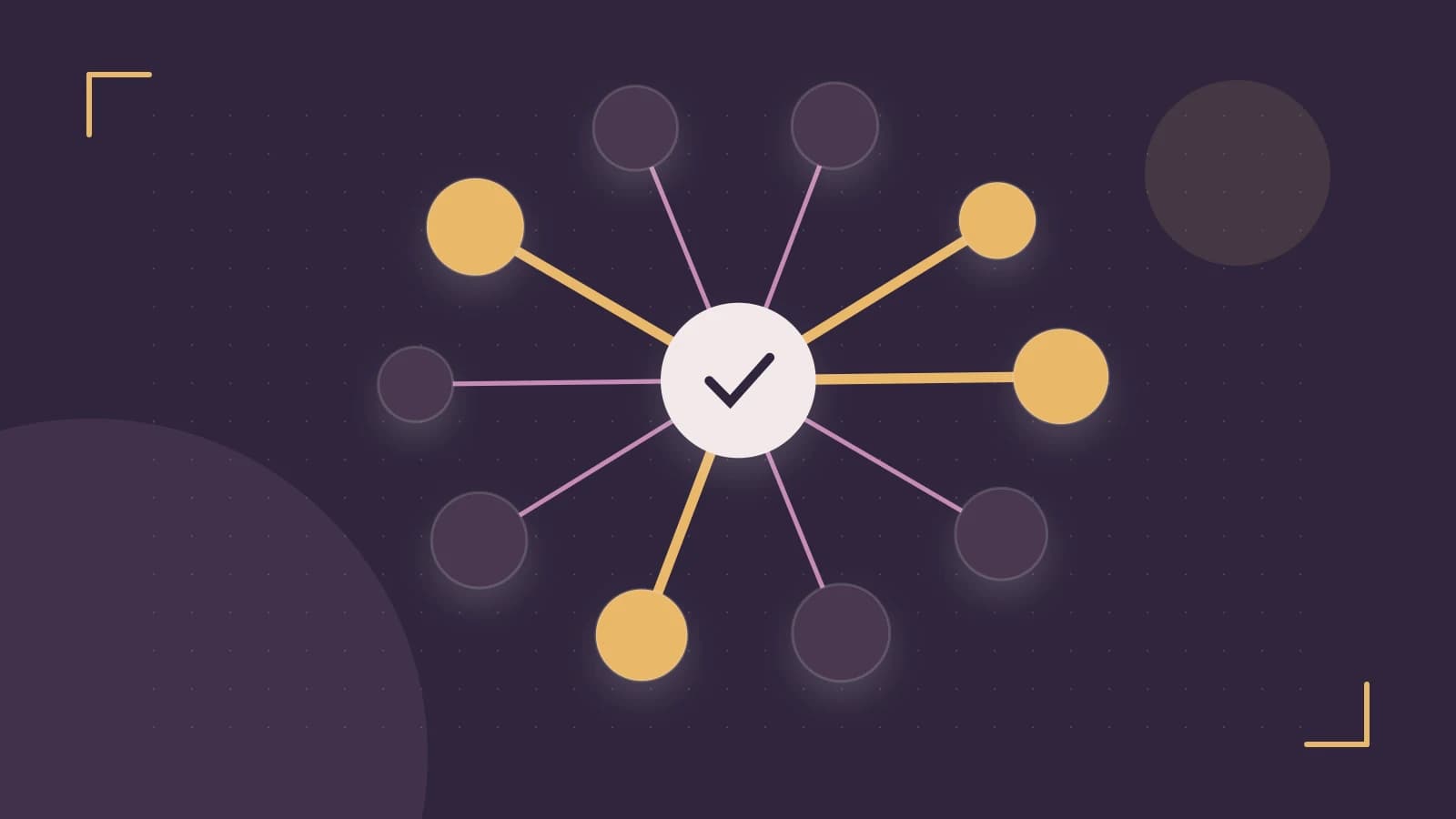 Editorial illustration of an algorithmic node graph with branching paths and a highlighted result