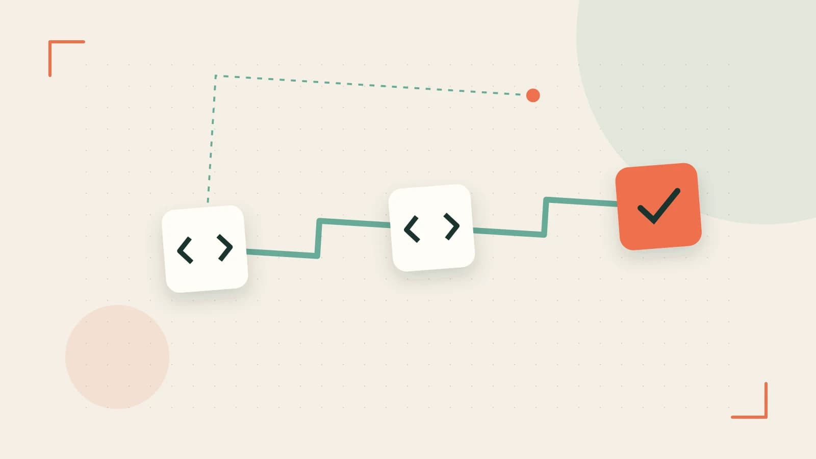 Editorial illustration of a branching build pipeline, staged transformations and a completed check