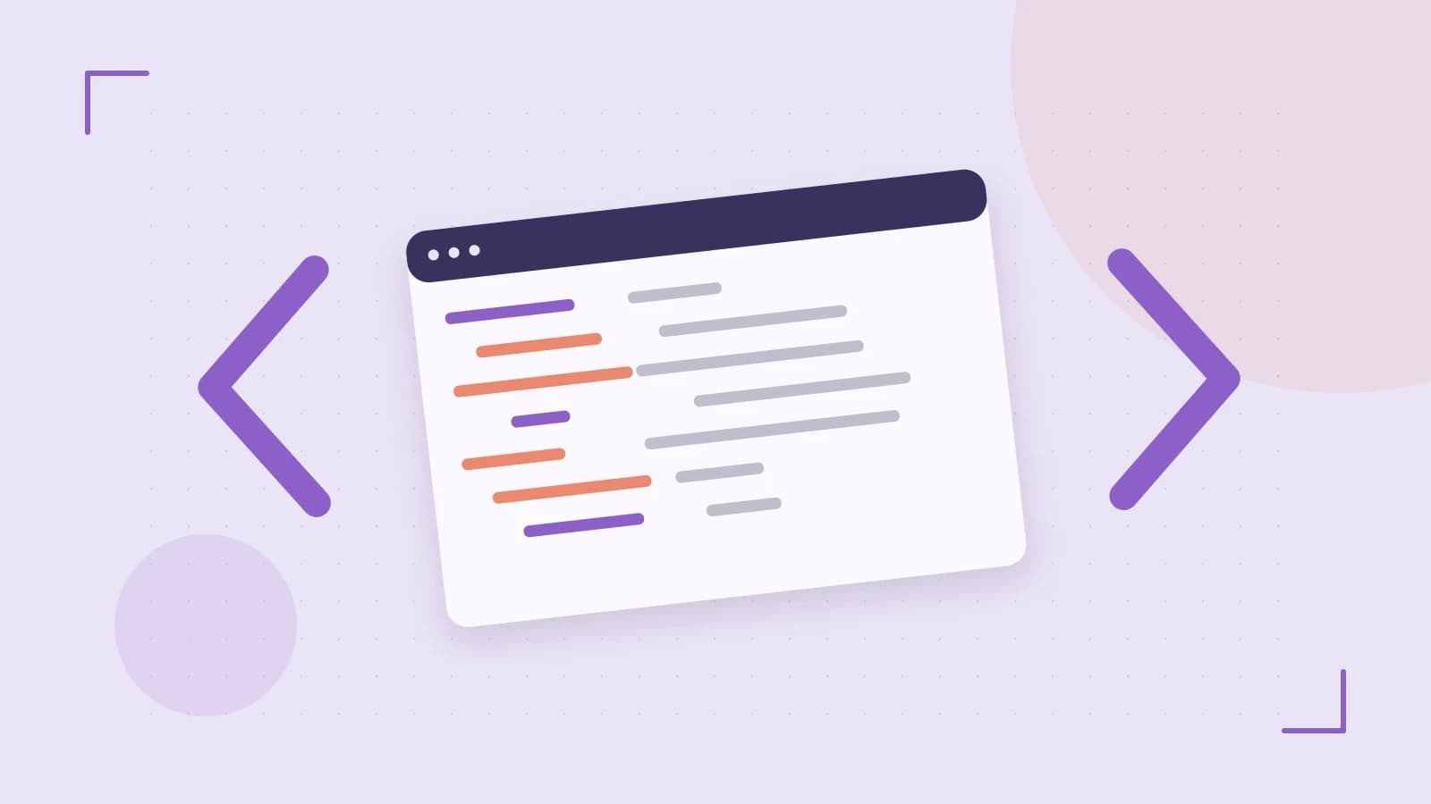 Editorial illustration of an abstract code editor, syntax blocks and oversized programming brackets